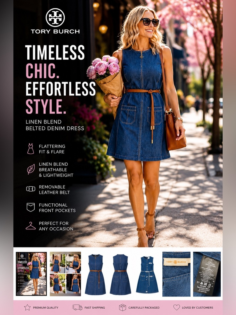 Tory Burch 100 % Linen Sleeveless Belted Denim Mini Dress in Blue